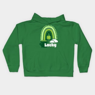 Vintage Lucky Clover Boho Rainbow Leading To A St Patrick's Leprechaun Pot Of Gold Kids Hoodie